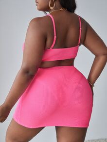 大碼3入組霓虹粉紅色紋理高腰比基尼套裝，夏季沙灘必備