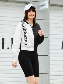 SHEIN EZwear Áo khoác nữ Dây kéo Lá thư Giải trí - Đen và trắng - Xem 1