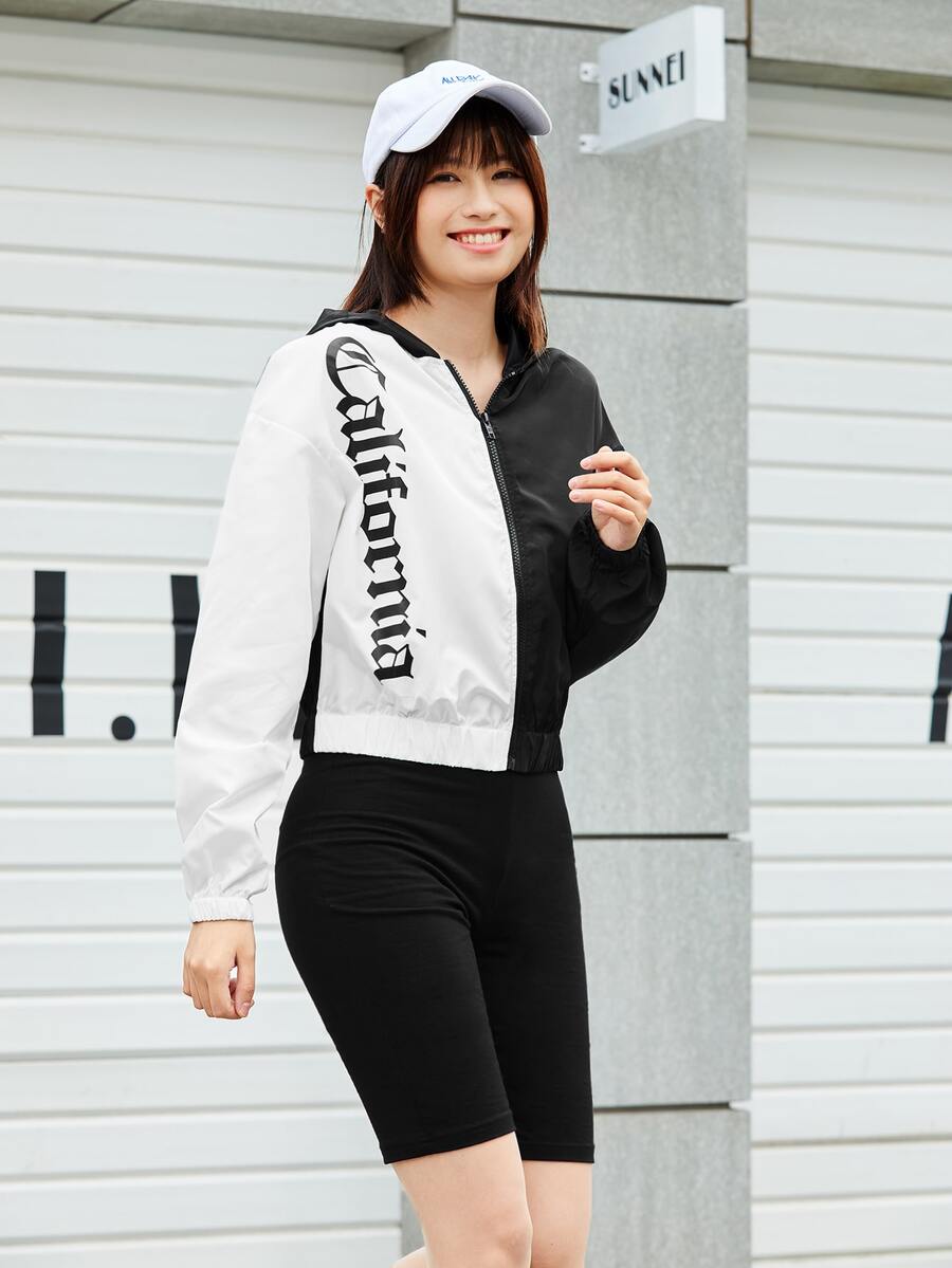 SHEIN EZwear Áo khoác nữ Dây kéo Lá thư Giải trí - Đen và trắng - Xem 1