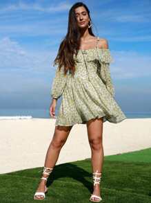 SHEIN Unity 印花肩上打結燈籠袖連衣裙 - 彩色 - 查看 5