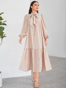 Mulvari Allover Print Tie Neck Lantern Sleeve Ruffle Hem Smock Dress - Dusty Pink - View 2