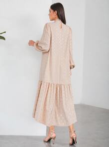 Mulvari Allover Print Tie Neck Lantern Sleeve Ruffle Hem Smock Dress - Dusty Pink - View 3