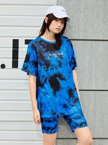 SHEIN EZwear Tie Dye & Letter Graphic Tee & Biker Shorts Set - Multicolor - View 1