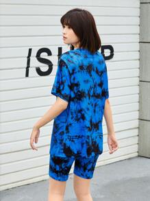 SHEIN EZwear Tie Dye & Letter Graphic Tee & Biker Shorts Set - Multicolor - View 2