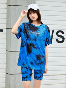 SHEIN EZwear Tie Dye & Letter Graphic Tee & Biker Shorts Set - Multicolor - View 3