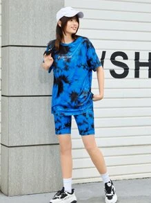 SHEIN EZwear Tie Dye & Letter Graphic Tee & Biker Shorts Set - Multicolor - View 4