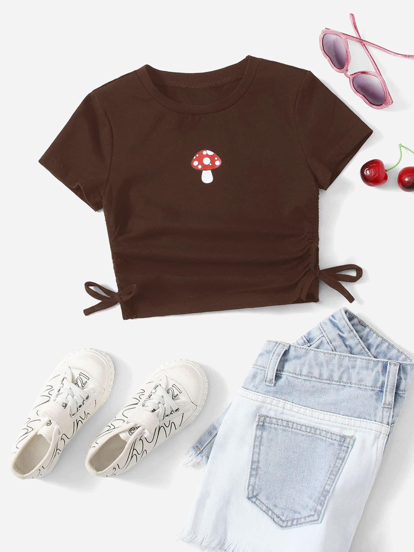 SHEIN Tops con gái Dây kéo Thắt nút Hoạt hình Giải trí - Màu nâu Sô-cô-la - Xem 1