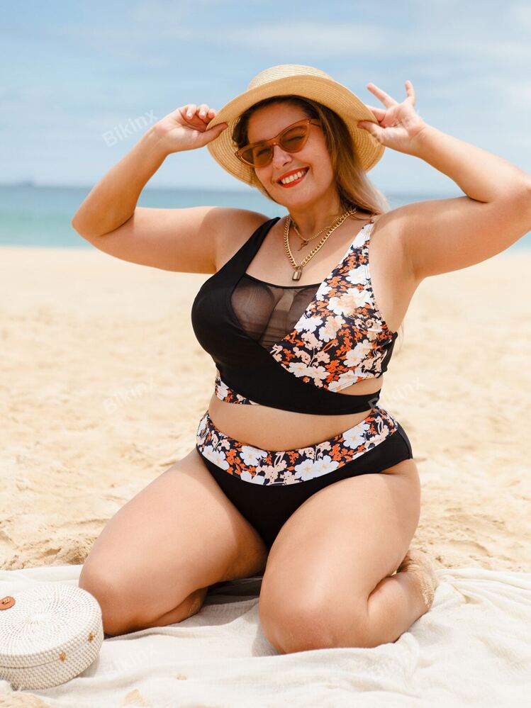Bikinx Plus Size Floral Contrast Mesh Bikini Set Summer Beach SHEIN ASIA