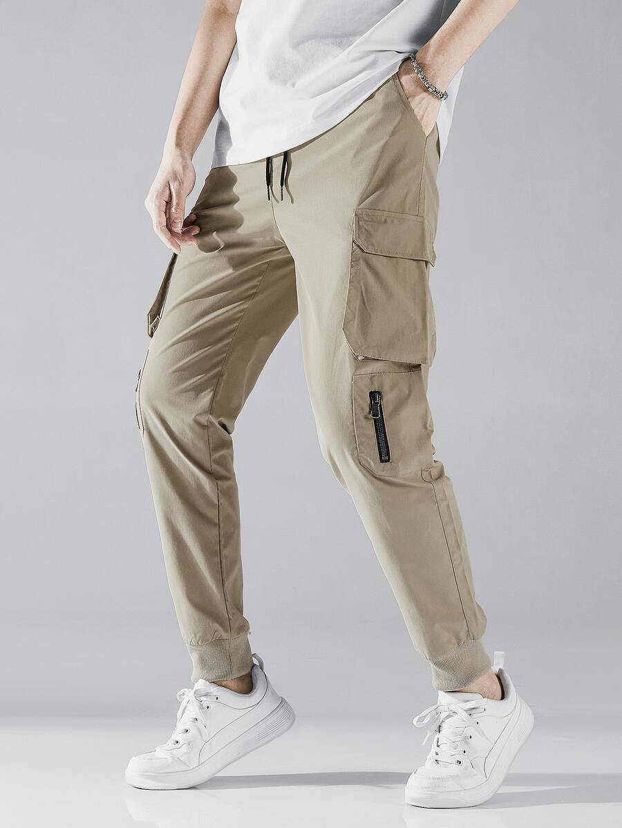 Manfinity Hypemode Hombres Pantalones cargo con diseño de cremallera con bolsillo lateral con solapa de cintura con cordón - Caqui - Ver 1
