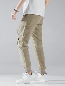Manfinity Hypemode Hombres Pantalones cargo con diseño de cremallera con bolsillo lateral con solapa de cintura con cordón - Caqui - Ver 2