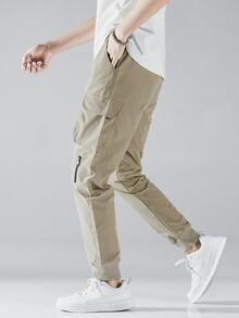 Manfinity Hypemode Hombres Pantalones cargo con diseño de cremallera con bolsillo lateral con solapa de cintura con cordón - Caqui - Ver 4