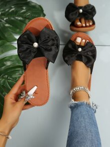 蝴蝶結和人造珍珠裝飾涼鞋 - 黑色 - 查看 1