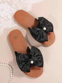 蝴蝶結和人造珍珠裝飾涼鞋 - 黑色 - 查看 4
