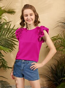 SHEIN Teen Girls Ruffle Sleeve Keyhole Back Blouse - Hot Pink - View 3