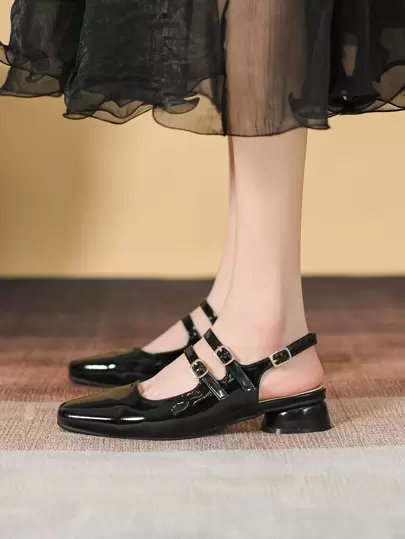 סתיו/חורף נעלי עקב מרי ג'יין שחורות אופנתיות לנשים עם רצועות מרובות וסנדלים פשוטים ונוחים בצבע אחיד עם עקב נמוך, נעליים שטוחות