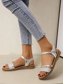 NỮ Kim loại Màu bạc Chóp giầy mở ra Dép Quai Quai Mắt Cá Chân , Duyên dáng Ngoài trời Long lanh Dép quai hậu - Bạc - Xem 4