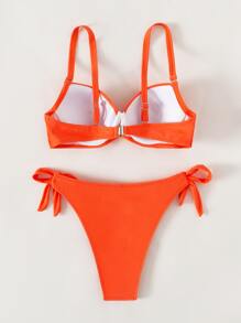 Neon Orange Rhinestone Detail Twist Push Up Tie Side Bikini - Orange - View 4