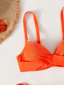 Neon Orange Rhinestone Detail Twist Push Up Tie Side Bikini - Orange - View 5