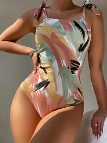 SHEIN Swim Summer Beach All Over Print Knot Shoulder One Piece Swimsuit - Multicolor - View 1
