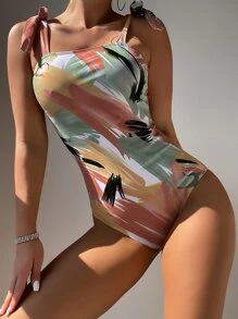 SHEIN Swim Summer Beach All Over Print Knot Shoulder One Piece Swimsuit - Multicolor - View 4