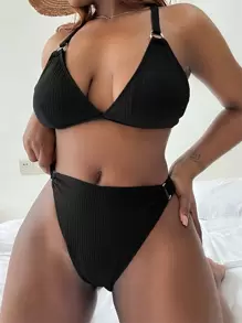 SHEIN Swim Curve Summer Beach Plus Size Rib-Knit Bikini Set Ring Linked Adjustable Strap Cami Bra & Thong Bottom 2 Pieces Bikini - Black - View 1