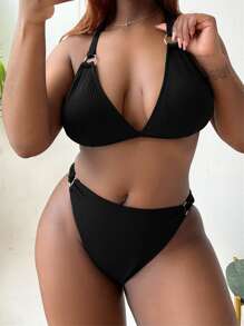 SHEIN Swim Curve Summer Beach Plus Size Rib-Knit Bikini Set Ring Linked Adjustable Strap Cami Bra & Thong Bottom 2 Pieces Bikini - Black - View 3