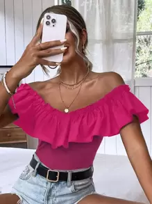 SHEIN Unity Off Shoulder Ruffle Trim Bodysuit - Hot Pink - View 1