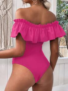 SHEIN Unity Off Shoulder Ruffle Trim Bodysuit - Hot Pink - View 2