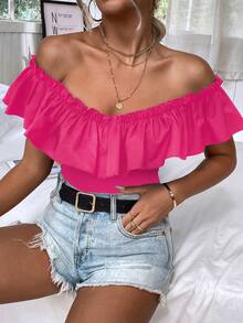 SHEIN Unity Off Shoulder Ruffle Trim Bodysuit - Hot Pink - View 3