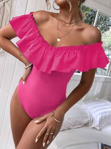 SHEIN Unity Off Shoulder Ruffle Trim Bodysuit - Hot Pink - View 4