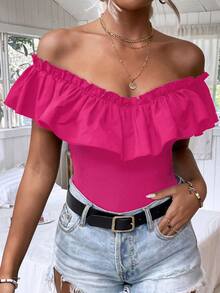 SHEIN Unity Off Shoulder Ruffle Trim Bodysuit - Hot Pink - View 6