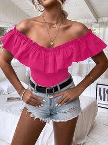 SHEIN Unity Off Shoulder Ruffle Trim Bodysuit - Hot Pink - View 7
