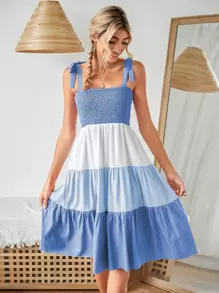 SHEIN VCAY Colorblock Shirred Knot Detail Dress