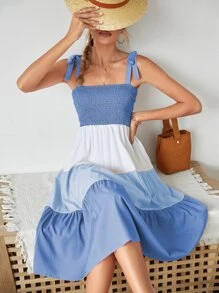 SHEIN VCAY Colorblock Shirred Knot Detail Dress
