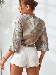 Breezaya 全身印花蝙蝠袖结饰女式衬衫 - 彩色 - 查看 2