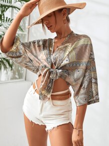 Breezaya 全身印花蝙蝠袖结饰女式衬衫 - 彩色 - 查看 3