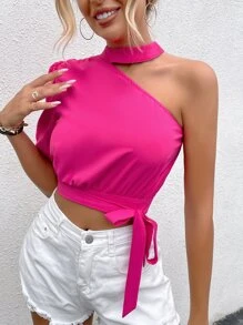 Chiquease Asymmetrical Neck Puff Sleeve Knot Side Crop Blouse - Hot Pink - View 5