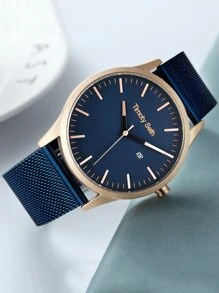 1pc Men's Blue Stainless Steel Band Business Casual Quartz Watch With Calendar, Suitable For Daily Wear - Blue - View 1
