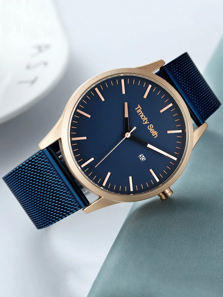 1pc Men's Blue Stainless Steel Band Business Casual Quartz Watch With Calendar, Suitable For Daily Wear - Blue - View 1
