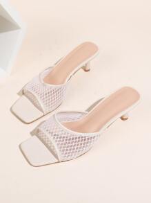 Women Hollow Design Stiletto Heeled Sandals, Fashion Solid Apricot Mesh Mule Sandals - Apricot - View 1