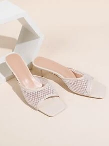 Women Hollow Design Stiletto Heeled Sandals, Fashion Solid Apricot Mesh Mule Sandals - Apricot - View 2