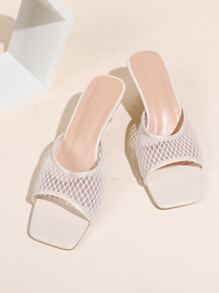 Women Hollow Design Stiletto Heeled Sandals, Fashion Solid Apricot Mesh Mule Sandals - Apricot - View 4