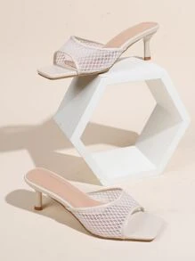 Women Hollow Design Stiletto Heeled Sandals, Fashion Solid Apricot Mesh Mule Sandals - Apricot - View 5