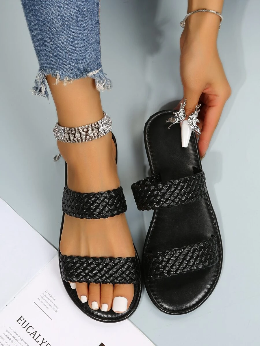 女士極簡編織細節雙帶度假素色戶外平底涼鞋 - 黑色 - 查看 1