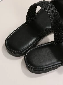 女士極簡編織細節雙帶度假素色戶外平底涼鞋 - 黑色 - 查看 5