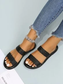 女士極簡編織細節雙帶度假素色戶外平底涼鞋 - 黑色 - 查看 7