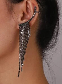 Mydear Rhinestone Tassel Decor Earrings - Black - View 1