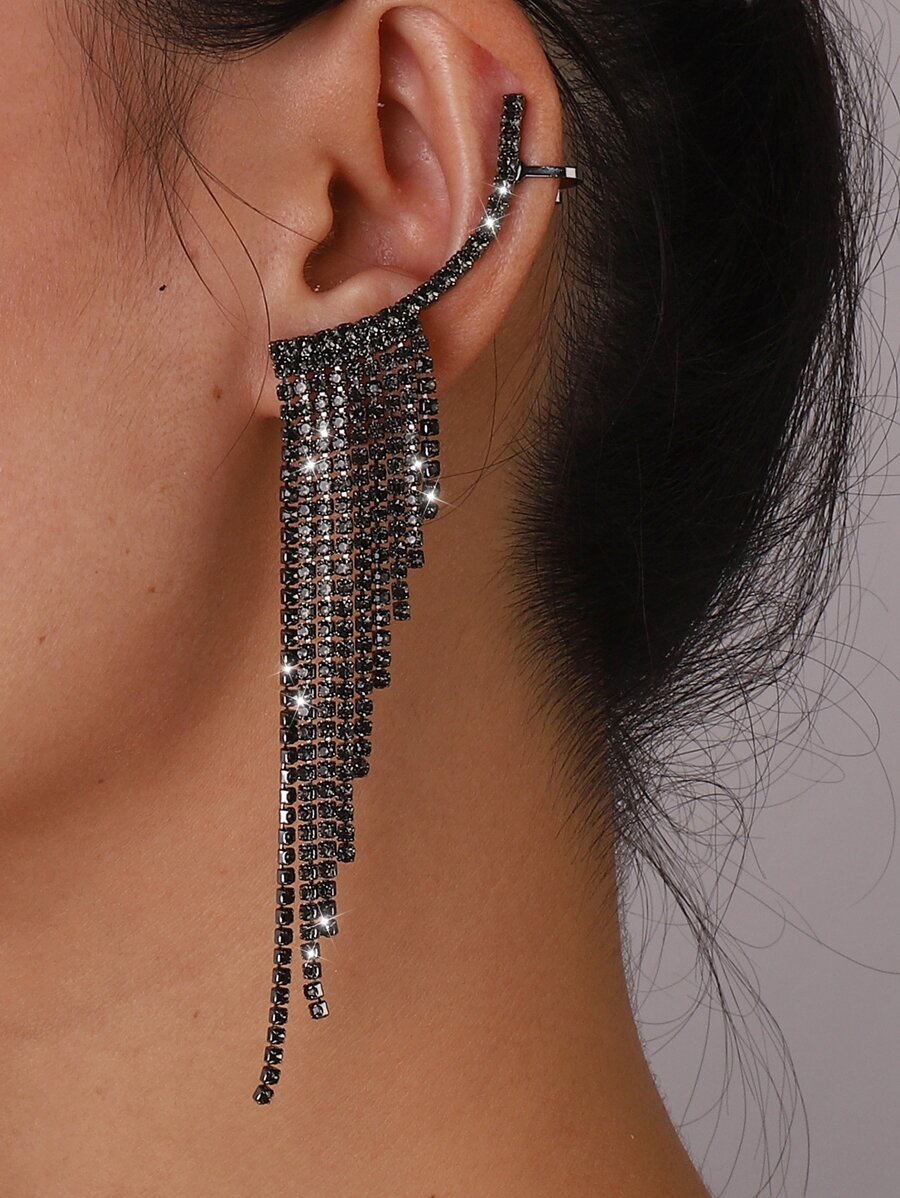 Mydear Rhinestone Tassel Decor Earrings - Black - View 1