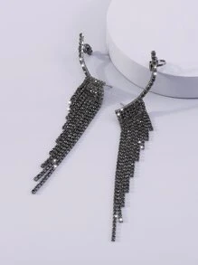 Mydear Rhinestone Tassel Decor Earrings - Black - View 2