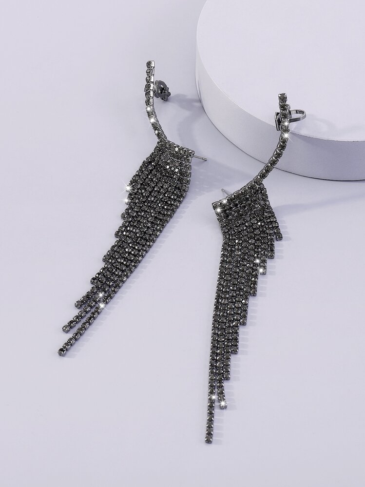 Mydear Rhinestone Tassel Decor Earrings - Black - View 2